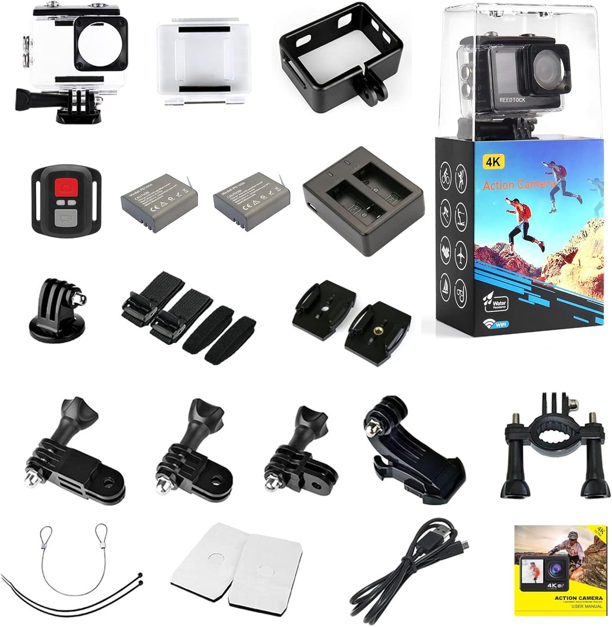 4K 24MP 2.0 Touch LCD Dual Screen Underwater Waterproof Action Camera with Remote Control EIS WiFi 4X Sports Video Recorder 2 Batteries Dual Charger Accessories Kit Pack of 2 R194