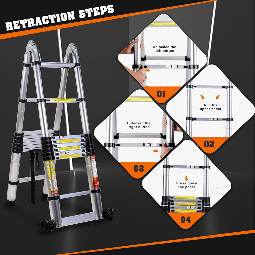 14.5FT A Frame Telescoping Ladder with Balance Bar & Movable Wheel V368