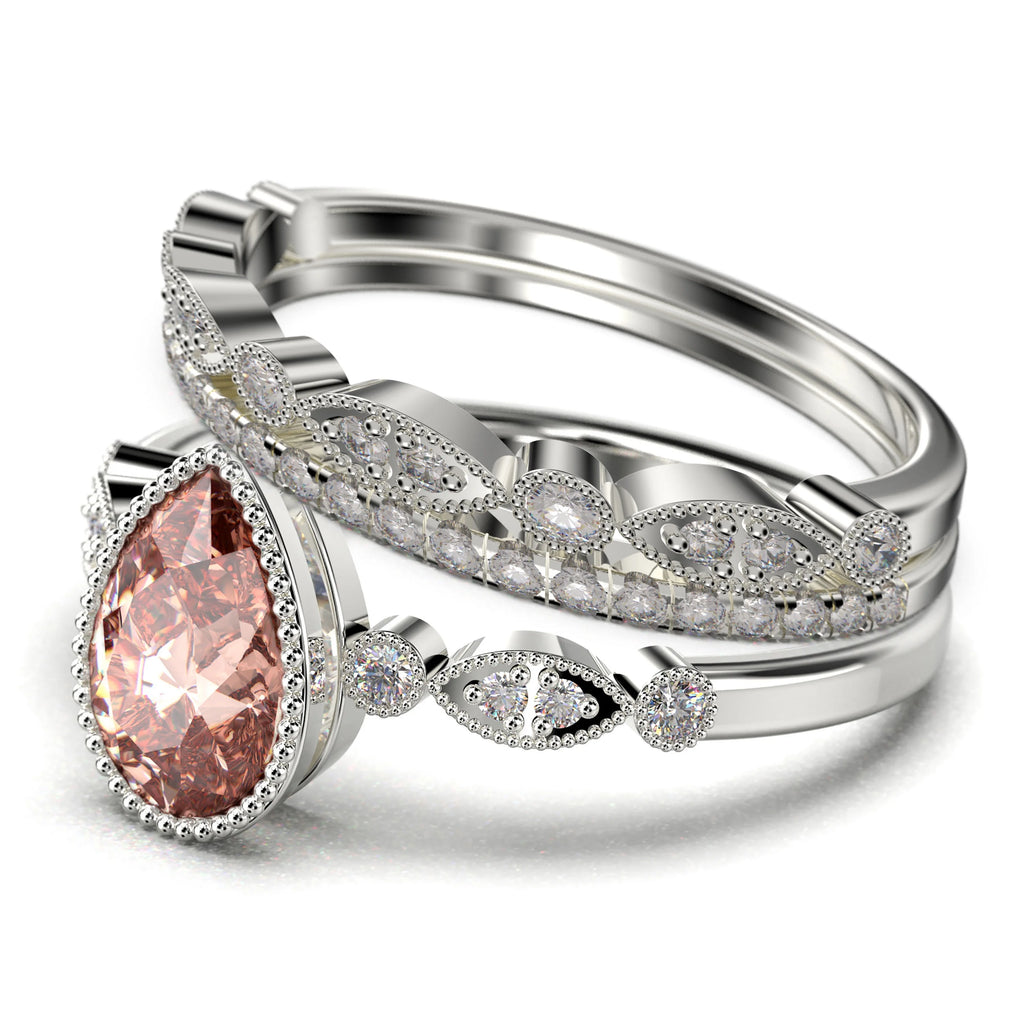 2.25 Carat Pear Cut Morganite And Diamond Moissanite Engagement Ring In 925 Sterling Silver With 18k White Gold Plating X353803