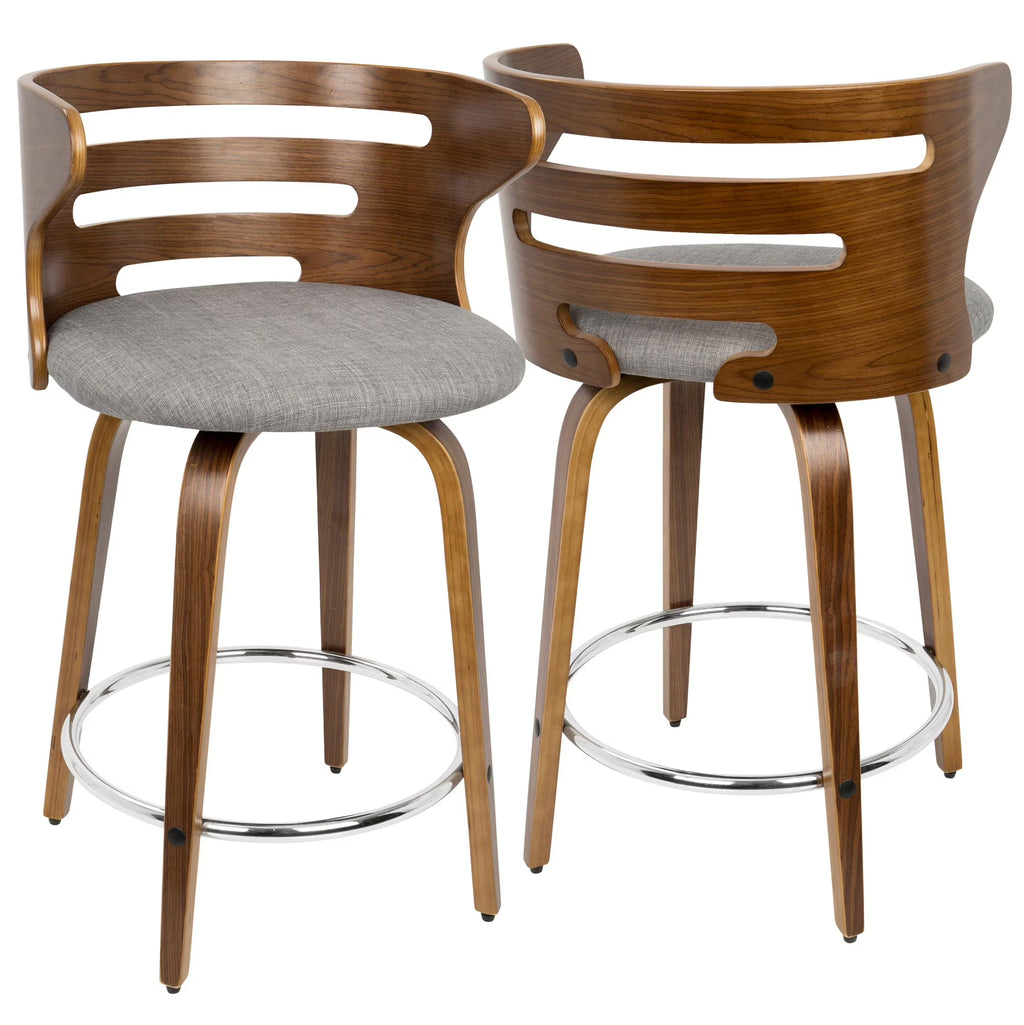 Mid-Century Modern Counter Stool with Swivel in Walnut and Grey Fabric, Set of 2 F137799