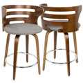 Mid-Century Modern Counter Stool with Swivel in Walnut and Grey Fabric, Set of 2 F137799