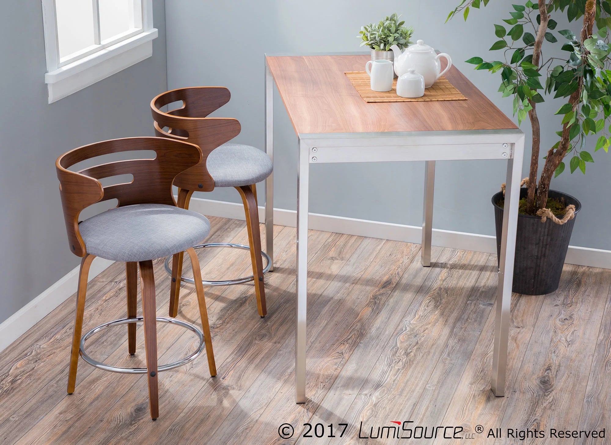 Mid-Century Modern Counter Stool with Swivel in Walnut and Grey Fabric, Set of 2 F137799