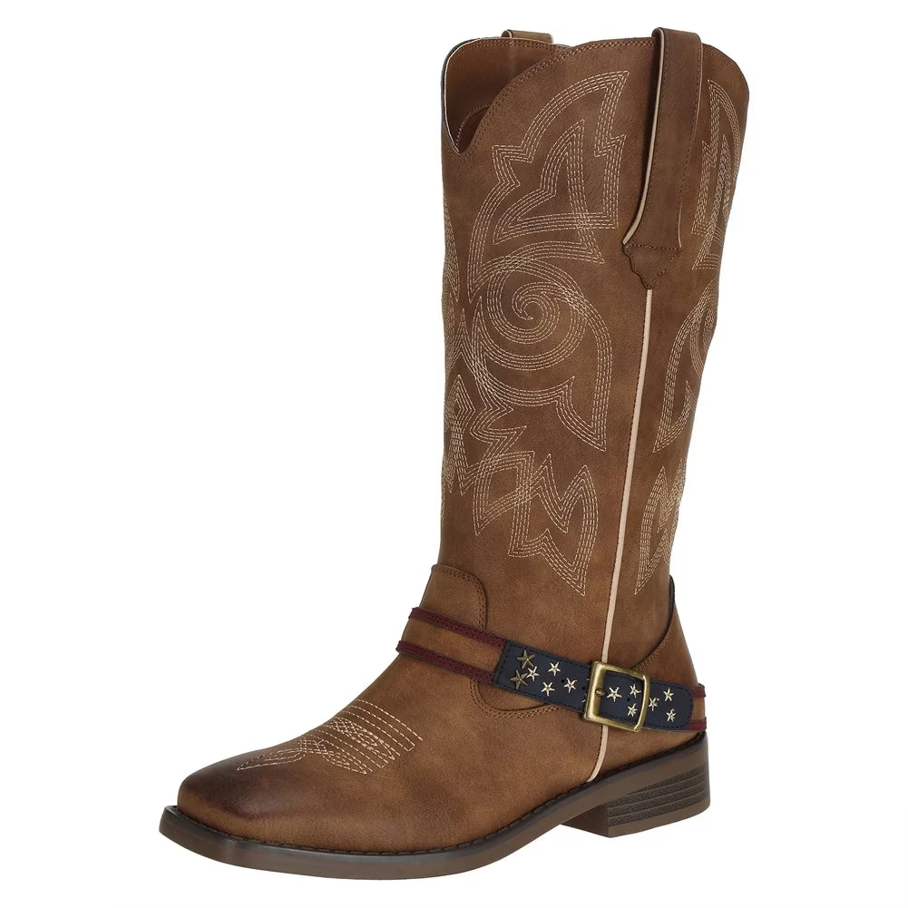 Brown Square Toe Mid Calf Cowboy Boots Size 8.5 O8612