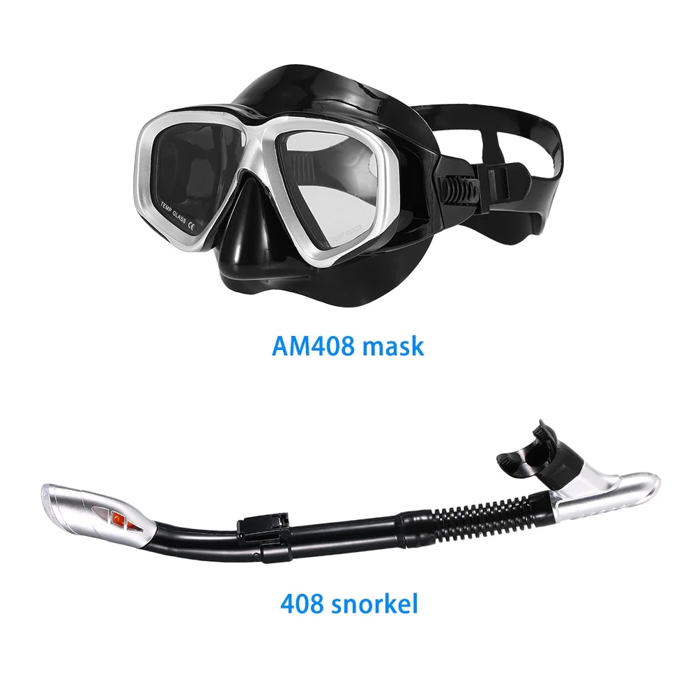 Freediving Snorkel Set with Tempered Glass Lens Goggles F431751
