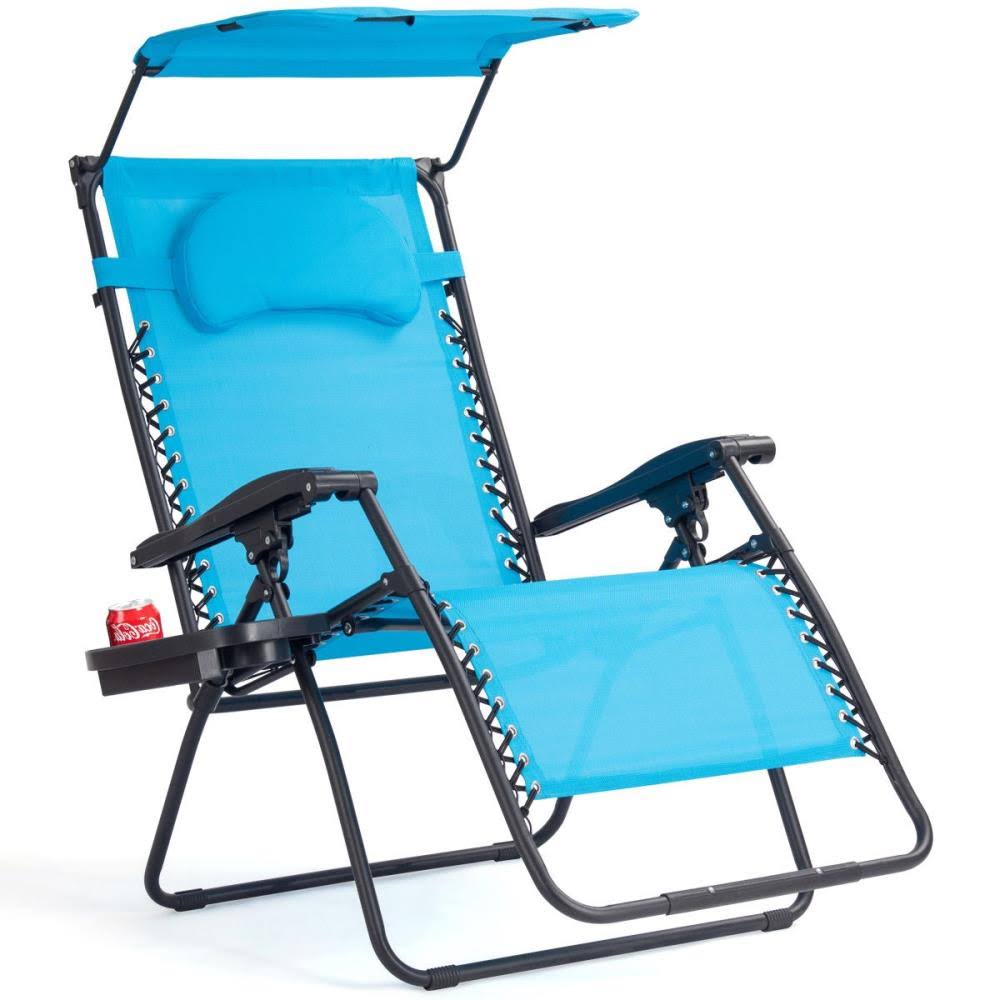 Blue Folding Recliner Lounge Chair with Shade Canopy Cup Holder P857361