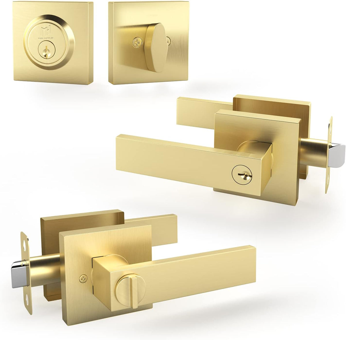 Satin Brass Square Lever Door Handle and Deadbolt Lock Combo Pack of 2 P8776