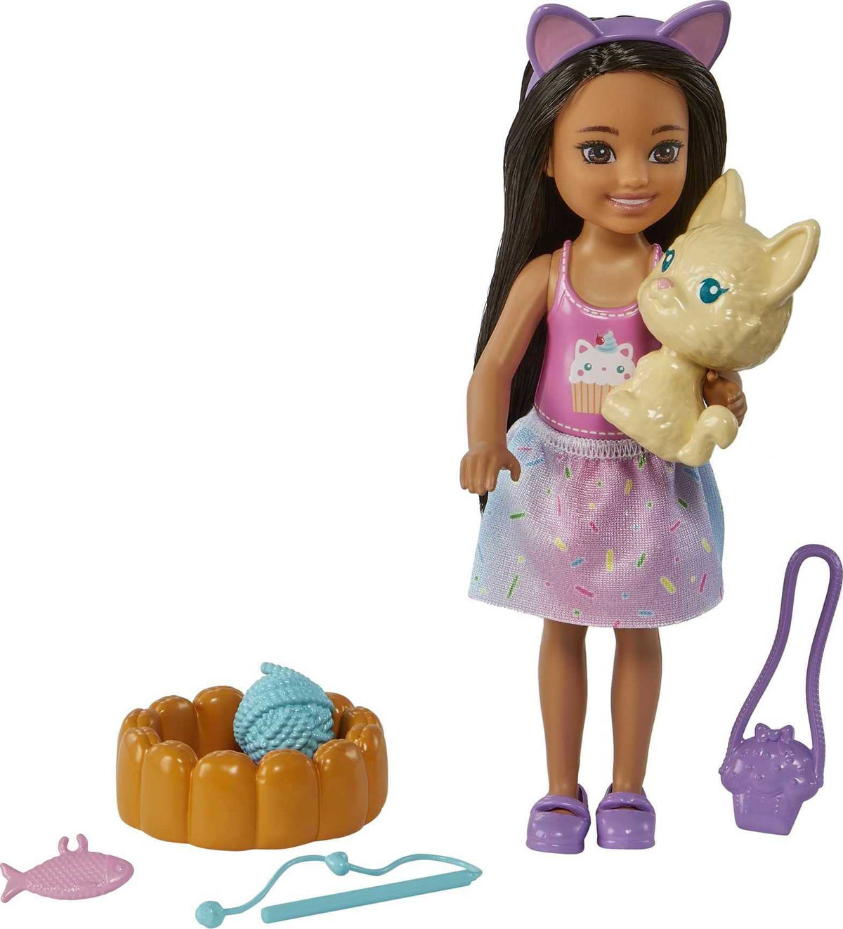 Brunette Doll with Removable Skirt, Kitten, Pet Bed O860