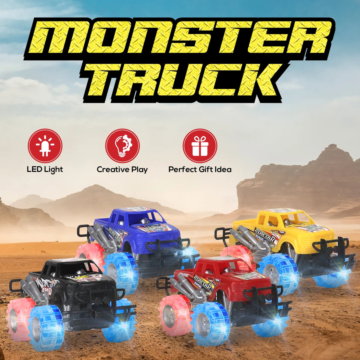 Light Up Monster Truck Set, 2 Pack, 6 Inch LED Tires Push n Go Friction Toy Car X107830