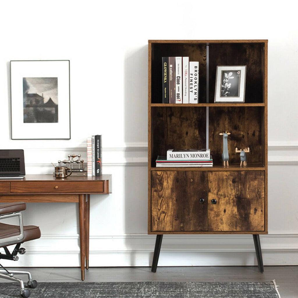 2-Tier Retro Bookcase Bookshelf with 3 Compartment and 2 Doors Q90370