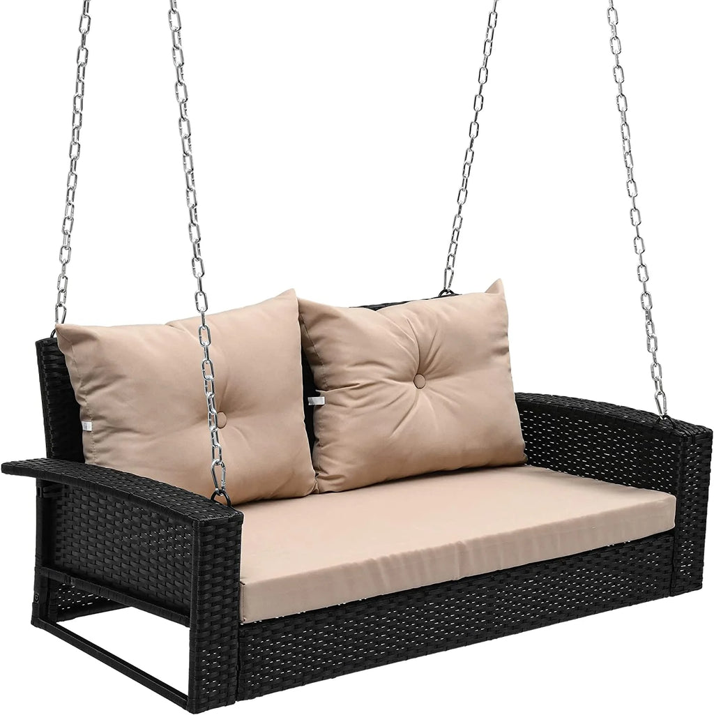 Black Rattan Wicker Hanging Swing Chair with 2 Back Cushions W909