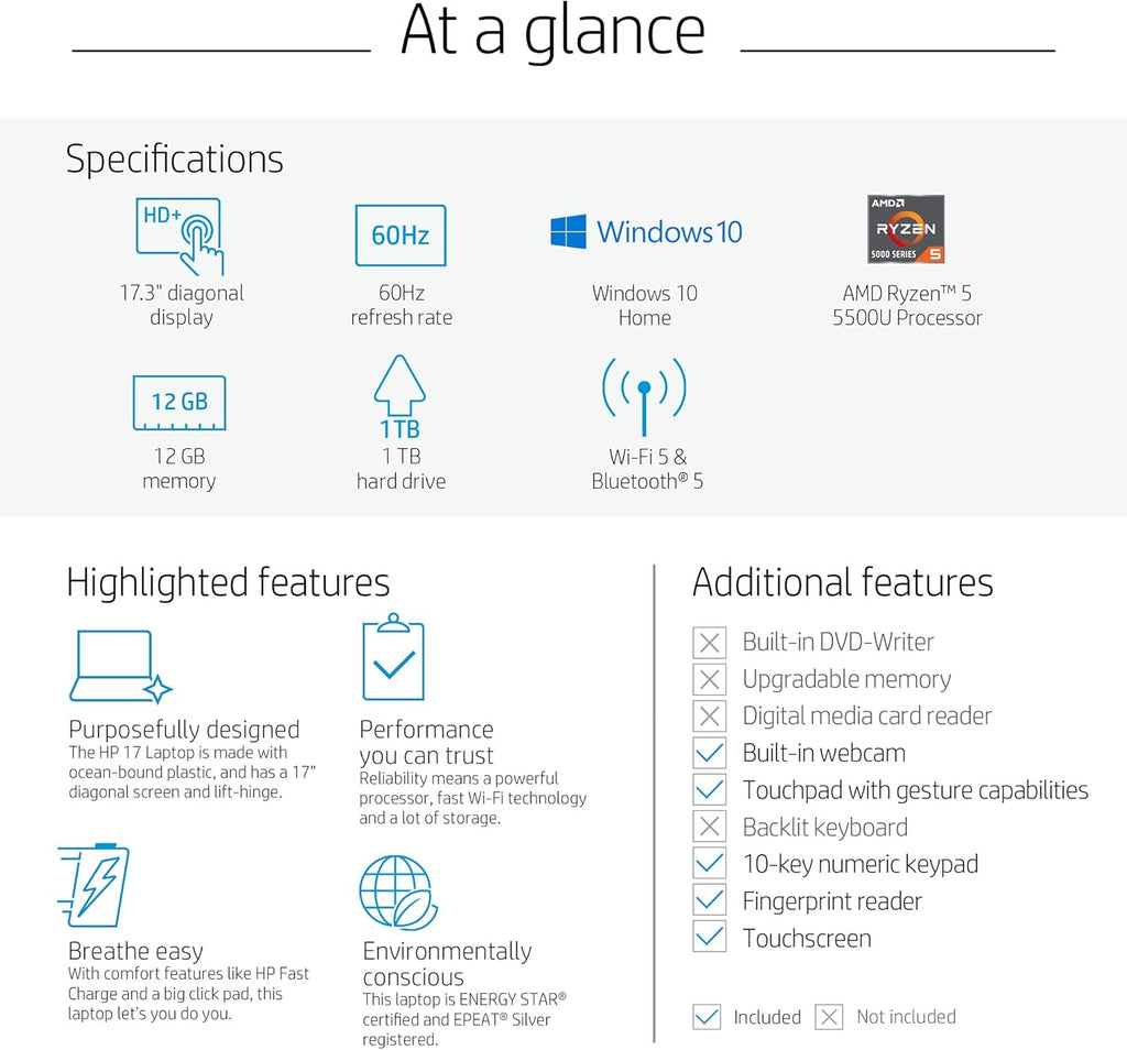 HP 17.3 HD+ Touchscreen Business Laptop, AMD 6-Core Ryzen 5 5500U, 12GB RAM, 256GB SSD+1TB HDD, HDMI, Webcam, WiFi, Win 10 J615