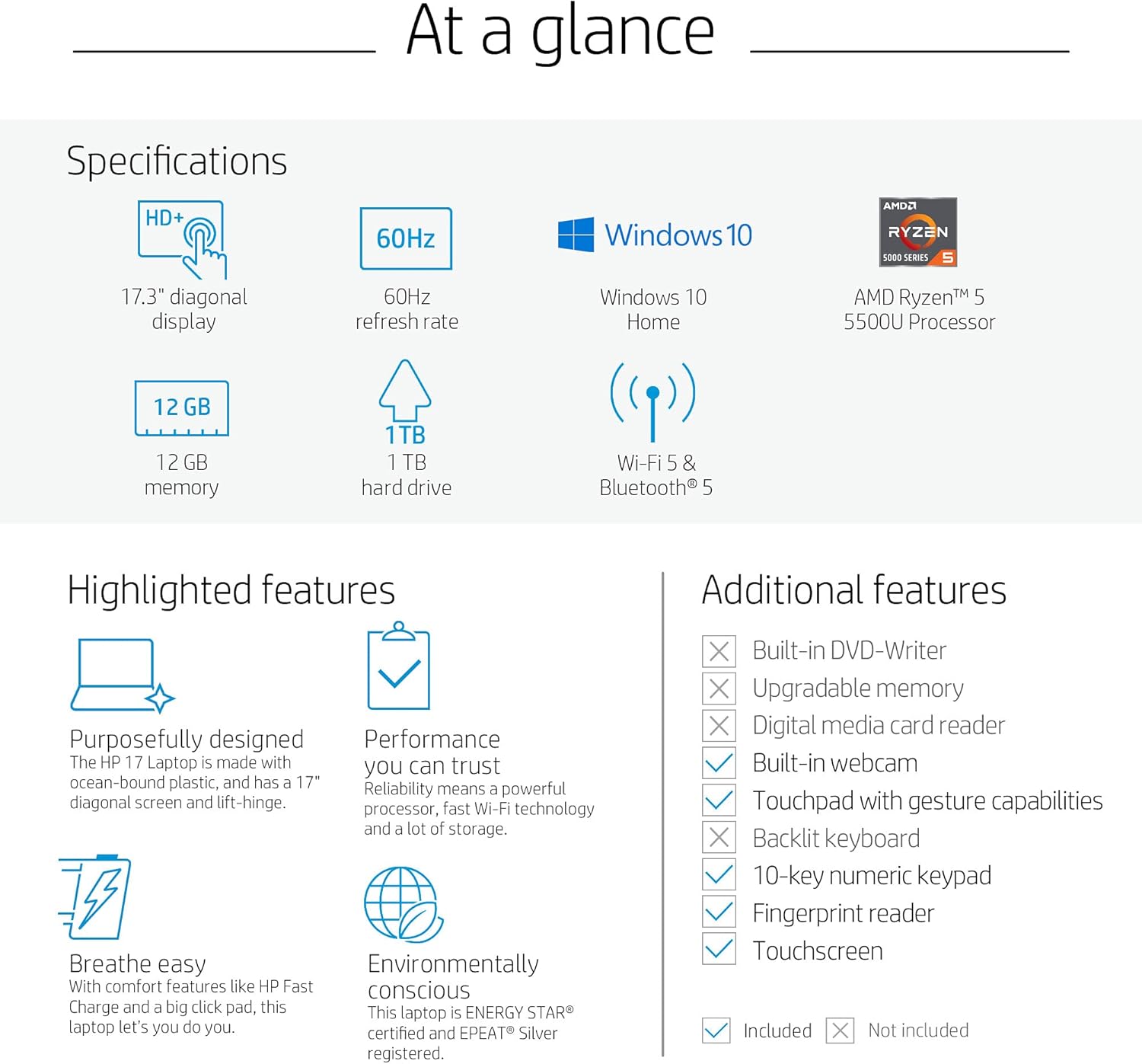 HP 17.3 HD+ Touchscreen Business Laptop, AMD 6-Core Ryzen 5 5500U, 12GB RAM, 256GB SSD+1TB HDD, HDMI, Webcam, WiFi, Win 10 J615