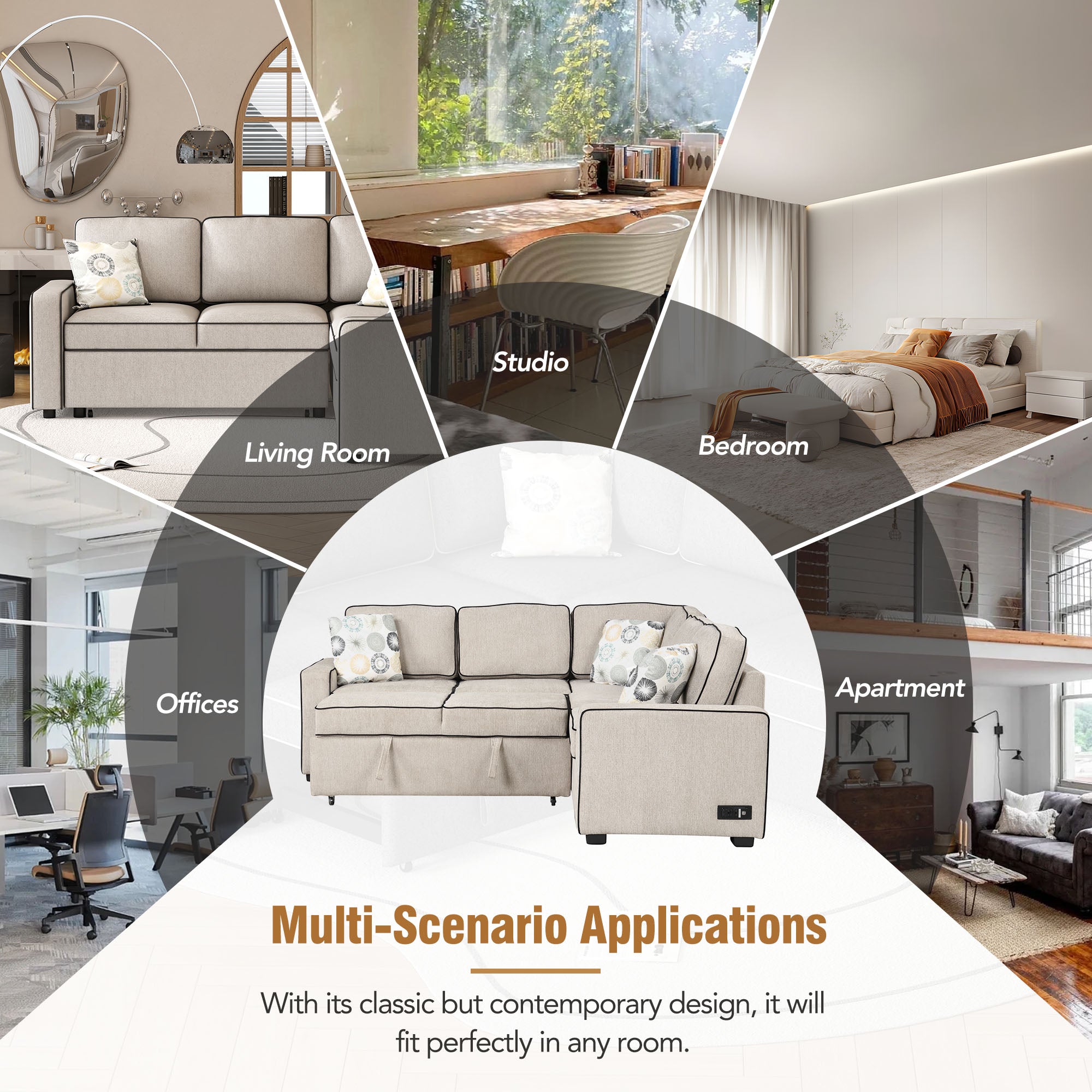 Cream L-Shaped Pull Out Sofa Bed with 2 USB Ports and 3 Pillows R9672