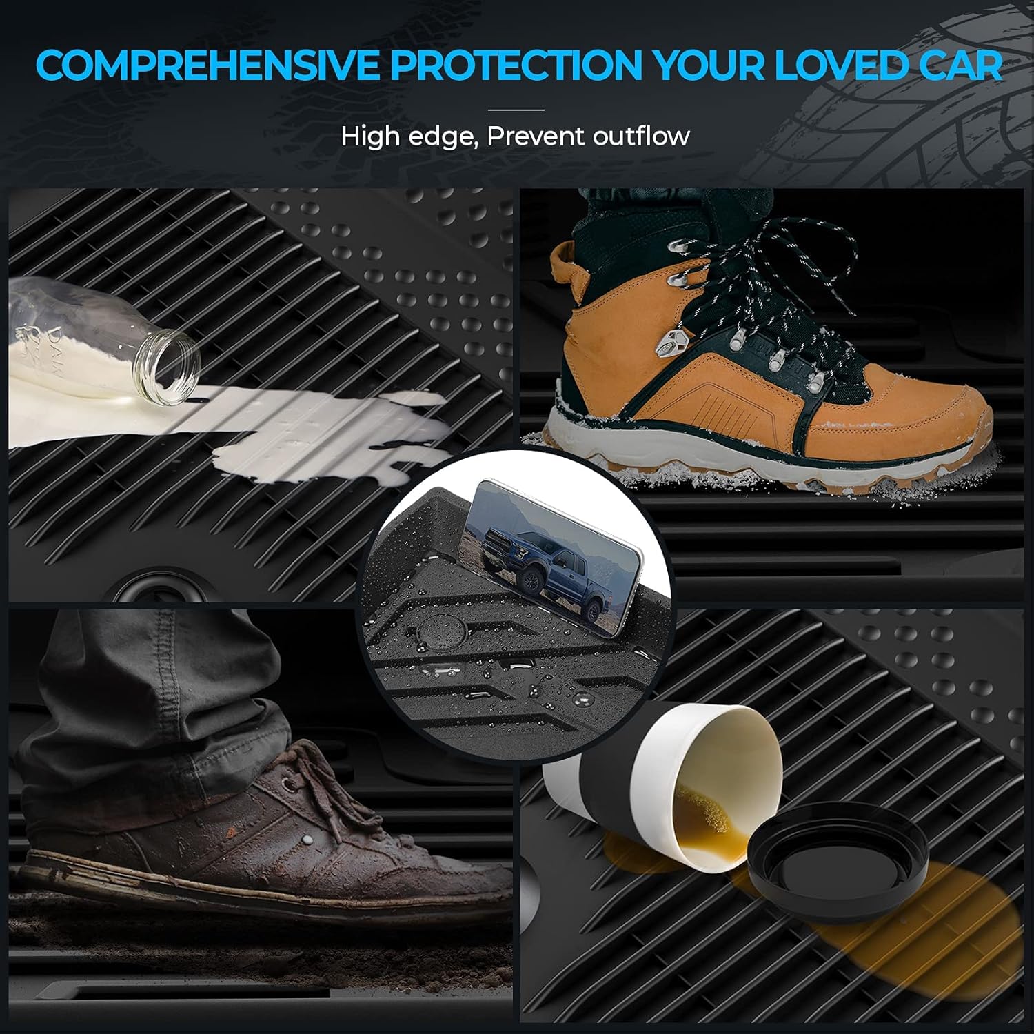 Black All-Weather Heavy Duty TPE Rubber Floor Mats Liners J450