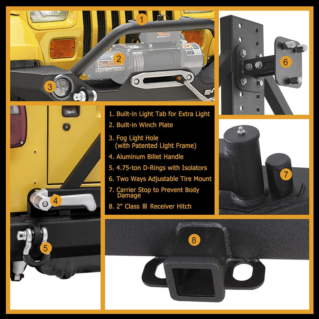 Front Bumper with LED Lights and Rear Bumper with Tire Carrier Combo Z301254
