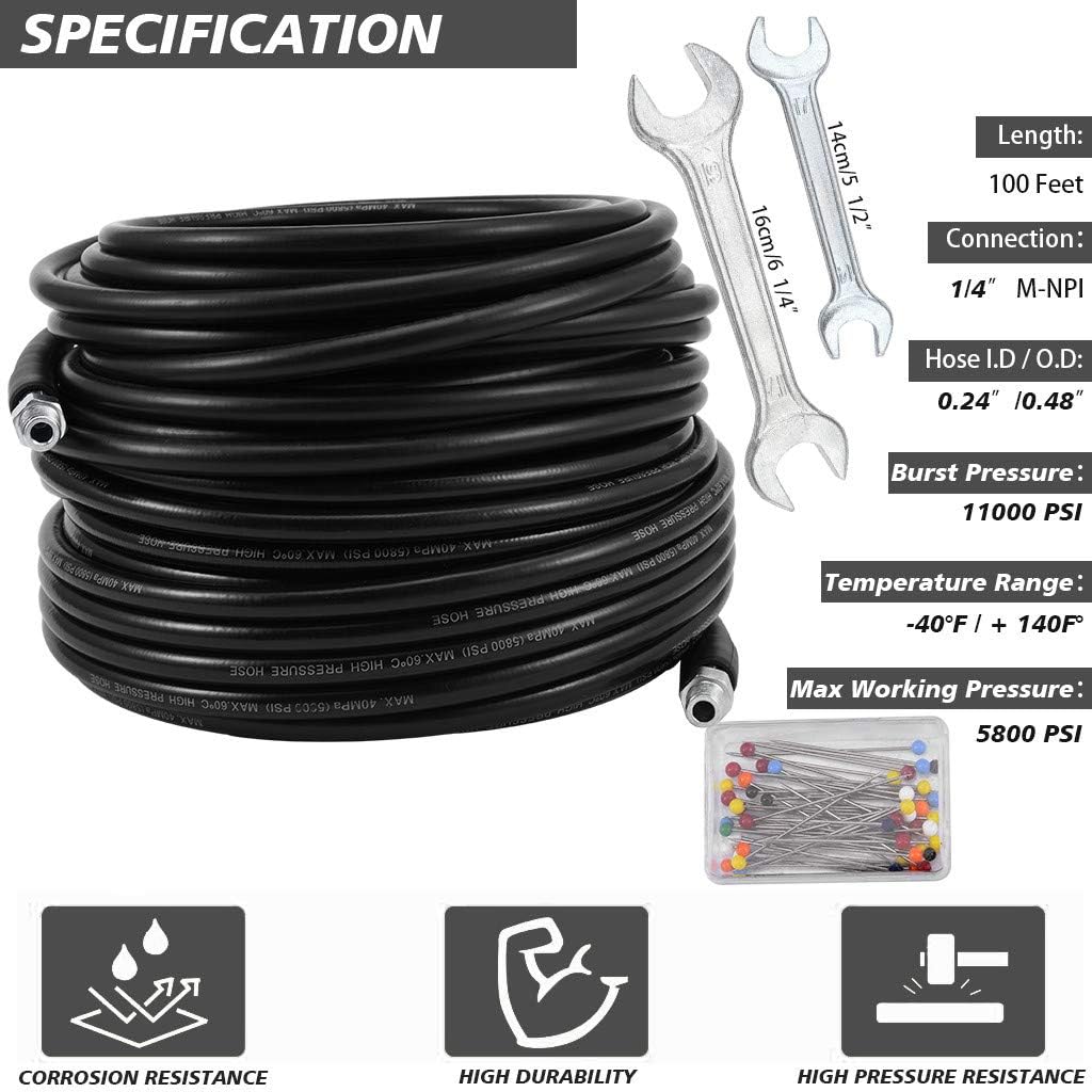 Sewer Jetter Kit 50FT for Pressure Washer, 5800PSI Drain Cleaner Hose 1/4 Inch NPT, Sewer Jetting Nozzle with Spanner Waterproof Tape X785591