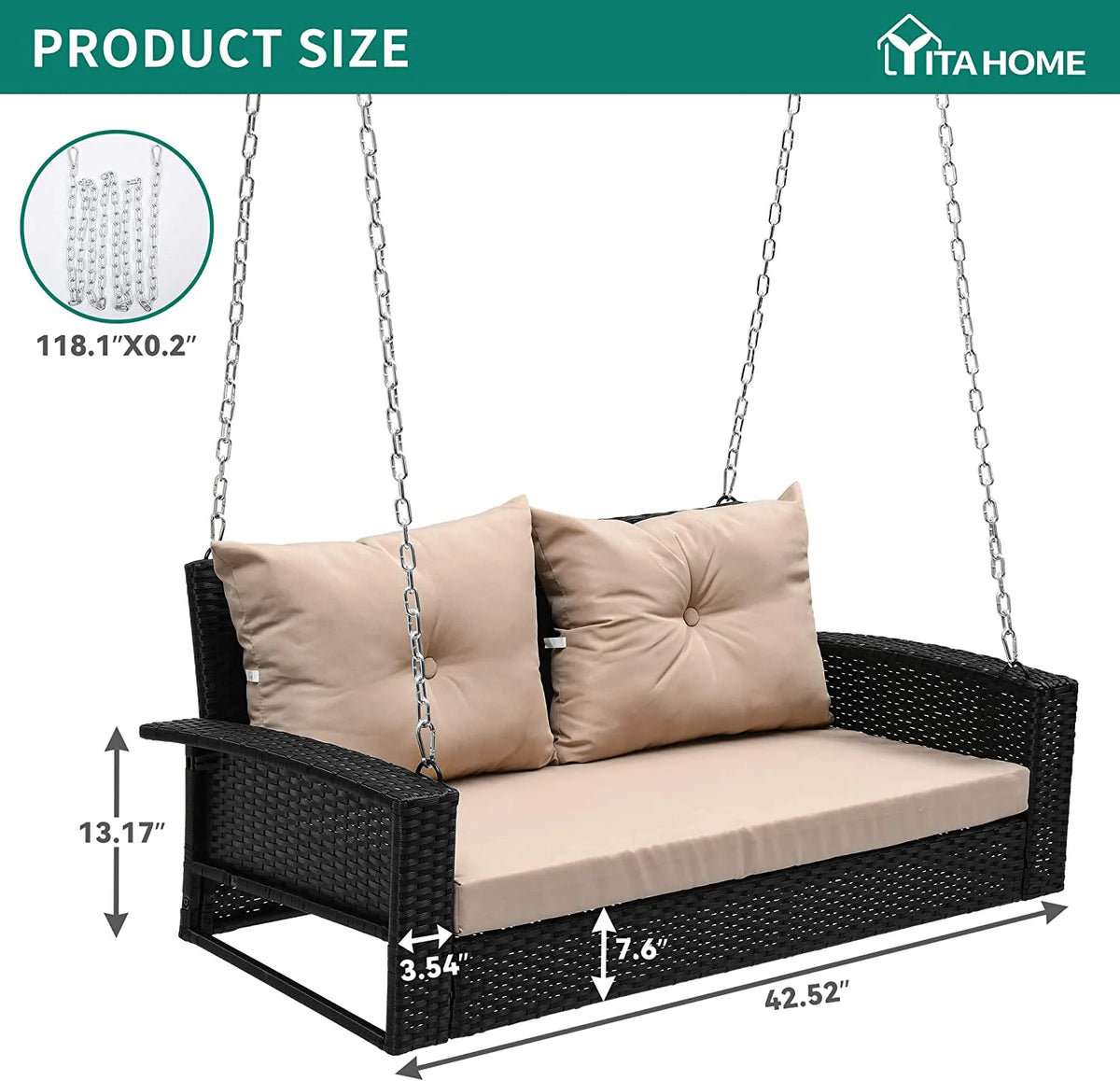 Black Rattan Wicker Hanging Swing Chair with 2 Back Cushions W909