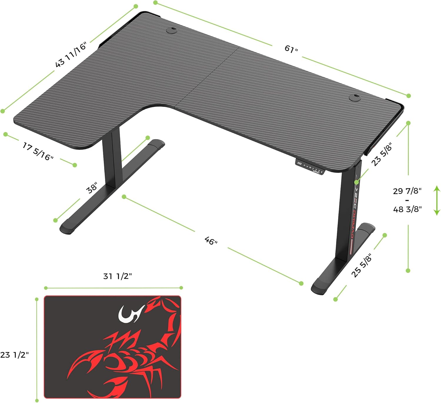 Dual Motor L Shaped Standing Desk, 61 inch Electric Height Adjustable Black Frame W796381