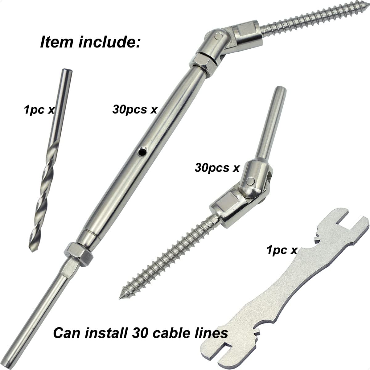 Stainless Steel Cable Railing Hardware Kit, Adjustable Angle Turnbuckle Kit 30 Pairs R163089