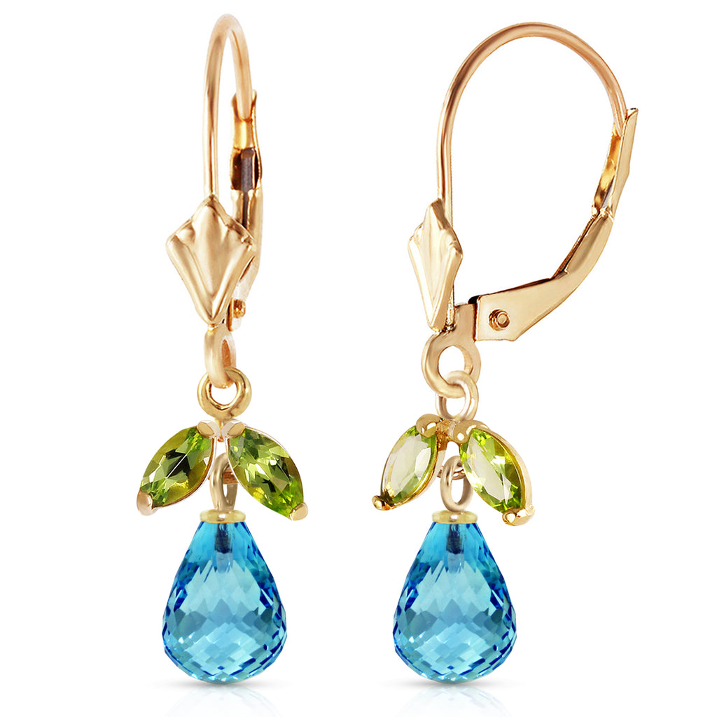 14k Yellow Gold Leverback Earrings with Blue Topaz and Peridots C1223