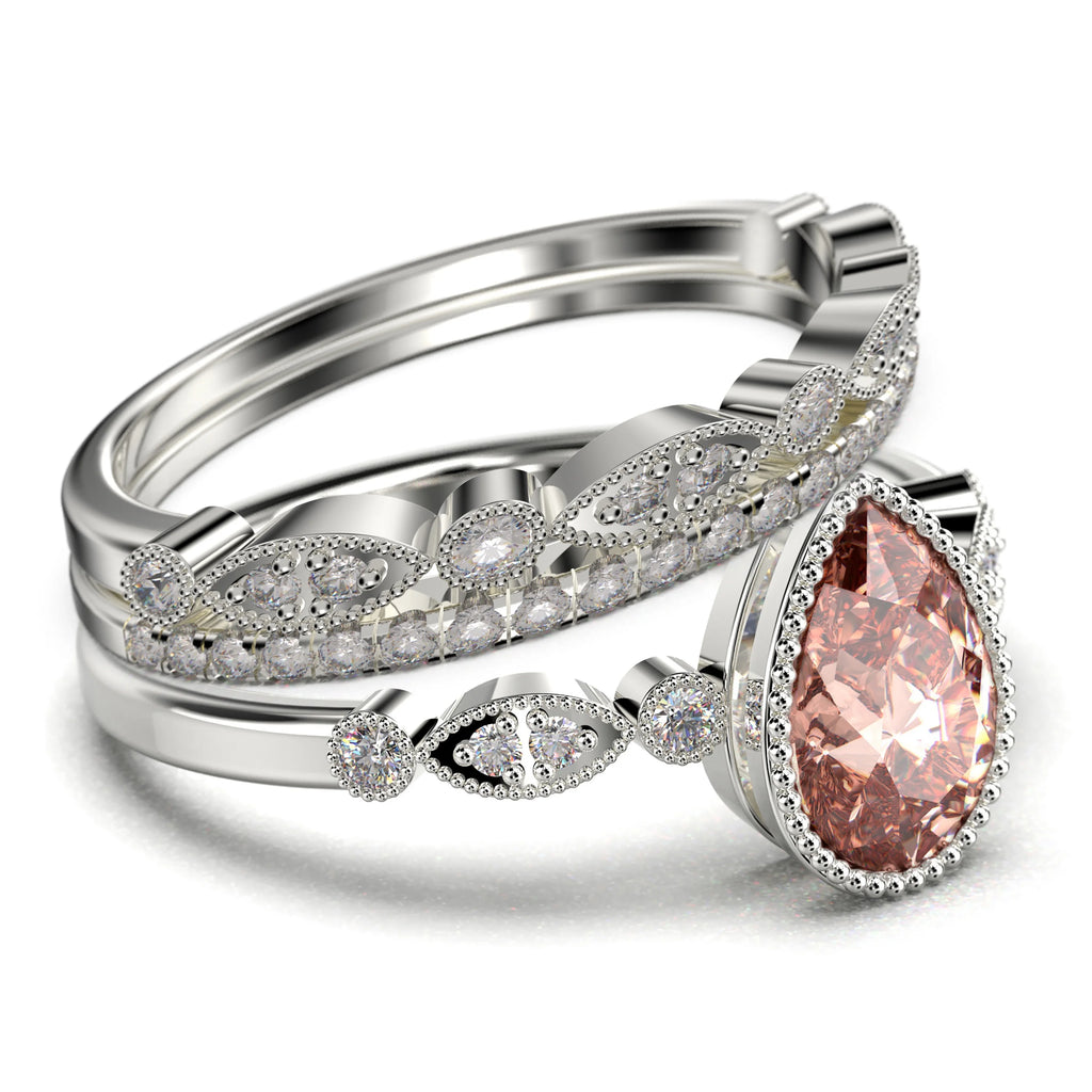 2.25 Carat Pear Cut Morganite And Diamond Moissanite Engagement Ring In 925 Sterling Silver With 18k White Gold Plating X353803